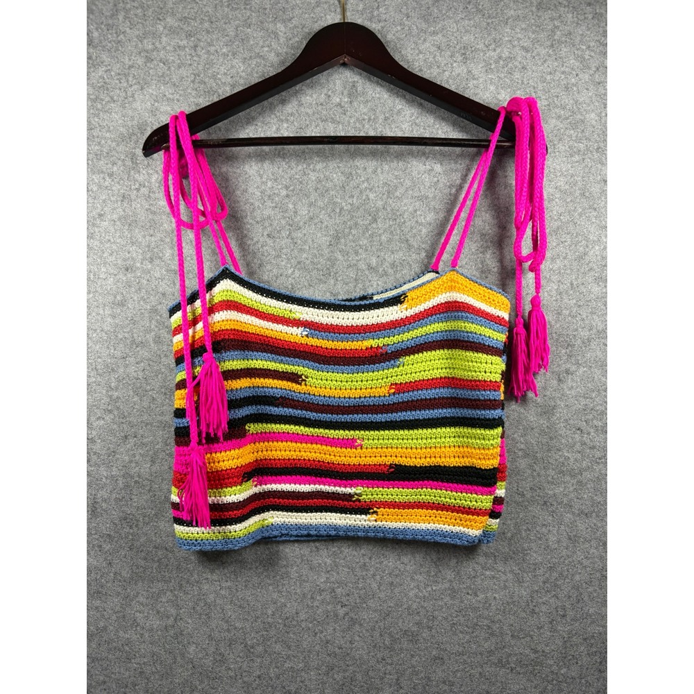 Say What? Crochet Striped Crop Top Tie Strap Cami Womens M Music Festival Boho